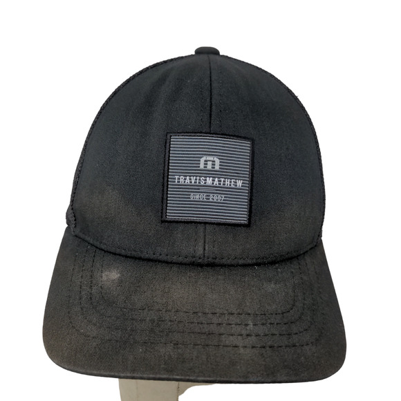 Travis Mathew Mens Snapback Meshback Hat Black Adjustable Flexfit 110 Distressed - Picture 1 of 12